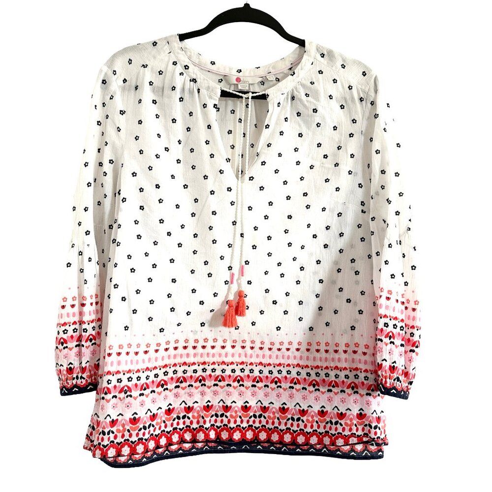 Boden Boho Blouse Top White Blue Pink Floral Tassels Light US 8 UK 12